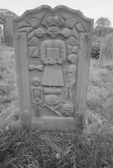 View of headstone of John Leyburn 1739 in the graveyard of Mochrum Church.