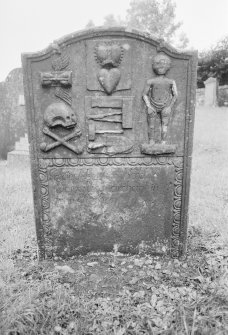 View of headstone for James Douglas, who died in 1747 and his wife Mary Douglas, who died in 1789, in the churchyard of Dalry Parish Church.