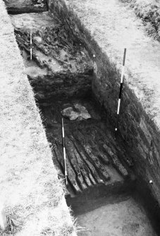 Strageath Roman fort.
Trench I. Upper and lower strappings of Flavian rampart (top and centre); lower strapping of Antonine I rampart (bottom centre). Also north section. From ESE.