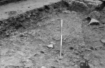 Excavation photograph : view of straight edge between mortar 115 and 114, looking south.