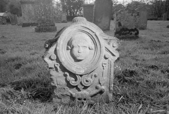 Detail of gravestone commemorating Ysbel Hall who died in 1716, in the burial ground of Old Ancrum Church.