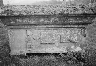 Detail of E panel of chest tomb to James Borland 1713 in the churchyard of Bedrule Church.