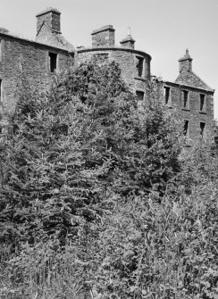View of Ravenstone Castle from S partly obscured by trees.