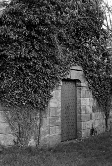 Detail of entrance door to Ramsay Mausoleum, Carrington Old Parish Church.