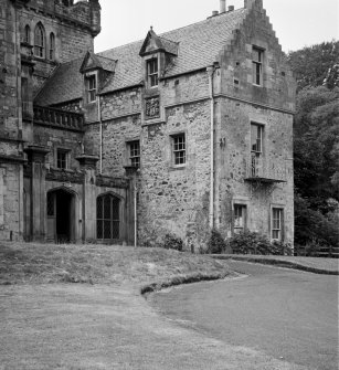 View of Woodhouselee from south east showing principal front and detail of entrance.