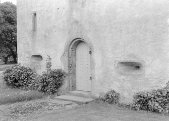 View of door and gunloops in base of tower, Udny Castle.
