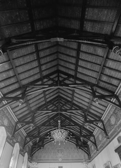 Interior view of Trinity Hall, Union Street, Aberdeen, showing painted timber ceiling in large hall.