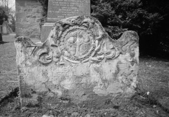 View of grave stone to John Leslie's children 1766, in the churchyard of Caputh Old Parish Church.
