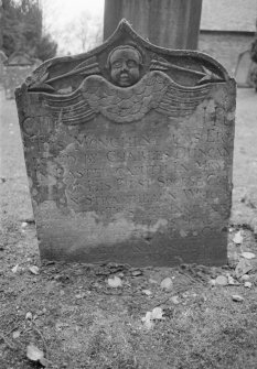 View of east face of gravestone to Christian Strathearn 1763, in the churchyard of Caputh Old Parish Church.


