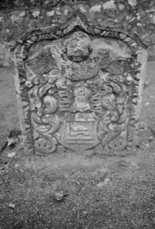 View of west face of gravestone to Christian Strathearn, 1763, in the churchyard of Caputh Old Parish Church.
