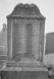 View of east face of gravestone to Janet Scott 1779,  in the churchyard of Auchtergaven Parish Church, Bankfoot.