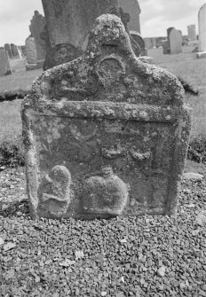 View of sunken gravestone to John Robertson, d. 1705, in the churchyard of Auchtergaven Parish Church, Bankfoot.