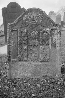 View of gravestone commemorating William Fyffe, 1749 in the churchyard of Inchture Church.