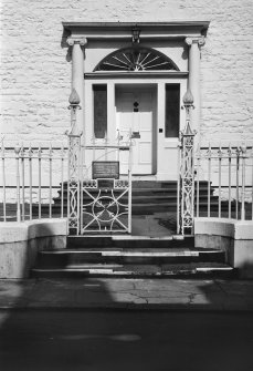 Detail of SE elevation showing main entrance, iron railings and gates, Blair House, 8 High Street, Kirkcudbright.