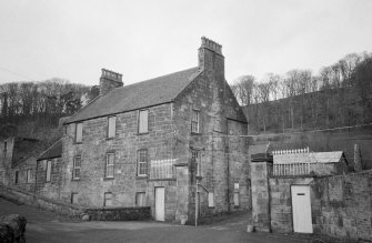 Grange Distillery: Looking N at main gate and office building, on the S side of the works