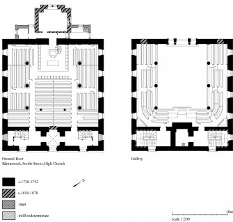 Kilmarnock, Soulis Street, Old High Kirk: copy of GV006270 Phased ground floor and gallery plans