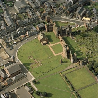 Oblique aerial view of Arbroath Abbey.