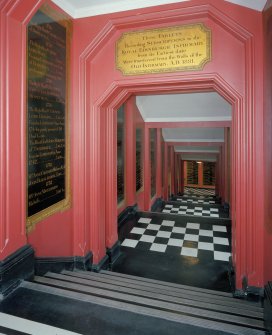 Royal Infirmary. Entrance Lobby.  View down staircase with subscription tablets, leading to lower level at  south east.