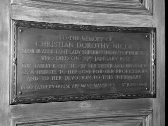 Detail of rememberance plaque to Lady Superintendent of Nurses, Christian Dorothy Nicol.