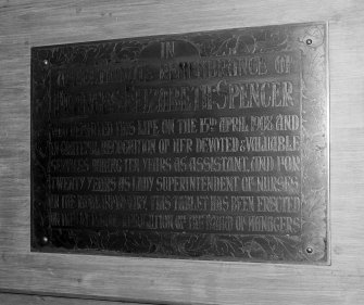 Detail of memorial plaque to Lady Superintendent of Nurses Francis Elizabeth Spencer.