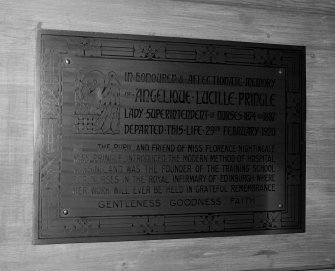 Detail of memorial plaque to Lady Superintendent of Nurses, Angelique Lucille Pringle.