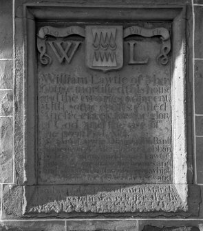 Detail of stone plaque on building, South Deskford Street, Cullen.