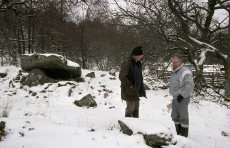 View of Jim Davidson (right) and Jack B Stevenson, RCAHMS, at Edinchip chambered cairn