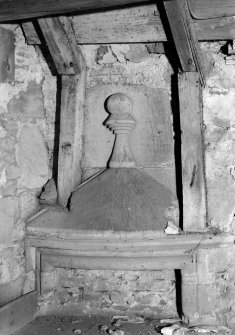 Interior view showing detail of door head fragment on top floor, Gardyne Castle.