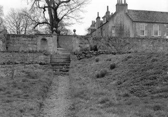 View of garden entrance and outbuildings from west, Grandhome House, Aberdeen.