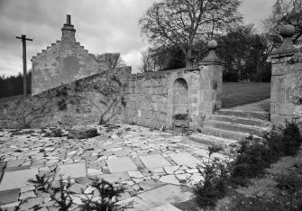 Detail of garden entrance and outbuildings from south west, Grandhome House, Aberdeen.