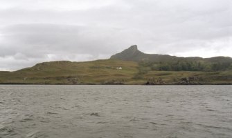 Eigg. Galmisdale. View of Galmisdale and An Sgurr from ferry.
