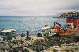 Unloading RCAHMS Landrovers at Galmisdale Pier, Eigg.