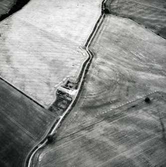 Oblqiue aerial view showing the cropmarking of the fort at West Mains, facing west.
