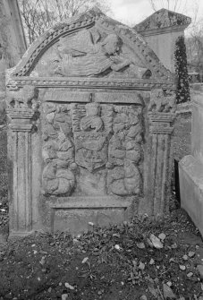 View of gravestone, 1743, in the churchyard of Inchture Church. 