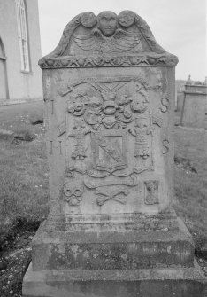 View of west face of gravestone for Janet Scott, 1779, in the churchyard of Auchtergaven Parish Church.