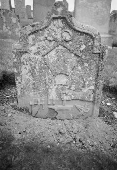 View of gravestone for Isobel Young dated 1746, in the churchyard of Auchtergaven Parish Church.