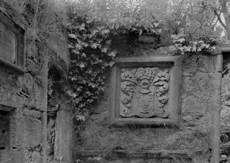 Detail of carved plaque in Woodhouselee aisle, Glencorse Old Parish Church.