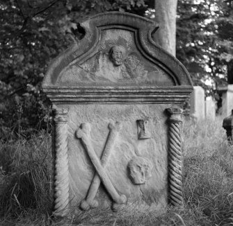 View of reverse of gravestone to George Goldie in the churchyard of Glencorse Old Parish Church.