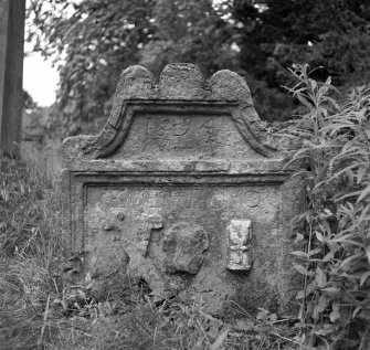 View of reverse of gravestone to Helen Johnstown and James Meggat dated 1694 in the churchyard of Glencorse Old Parish Church.