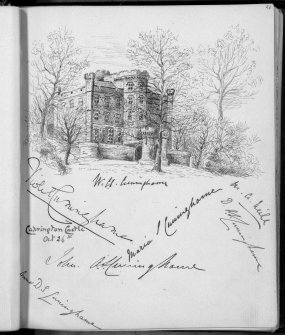 Drawing showing view of Caprington Castle from SE. Photographic copy of a page from a 'Visiting Album' kept by Miss Violet A Montgomery, 1888-1909.