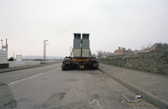 Polmont to Stirling Railway, Skeoch, Railway Bridge
General view of delivery of main girders by low loader (frame 16).