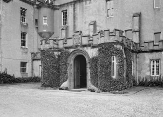 View of modern porch, Fyvie Castle from north east.