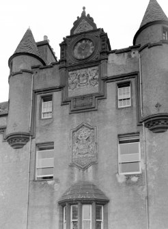 Detail of clock and additions to old entrance hall, Fyvie Castle from east.
