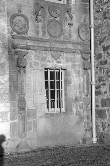 Detail of original doorway in W front of courtyard, Cullen House.