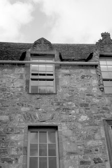 Detail of carved pediments, E front, Cullen House.
