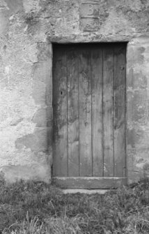 Detail of door on SE side of Ballindalloch Castle dovecot with panel inscribed 'B 1696'.