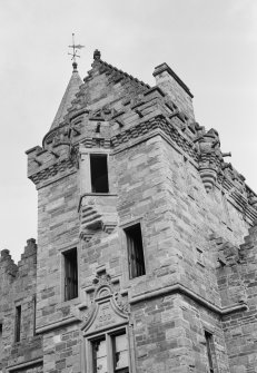 View of upper part of entrance tower, St Mary's Tower, Birnam.