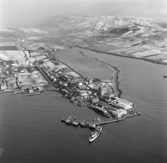 Oblique aerial view centred on Scalloway Castle.