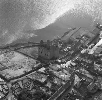 Oblique aerial view centred on Scalloway Castle.