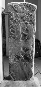 View of rear of cross slab, Kildonnan, Eigg.